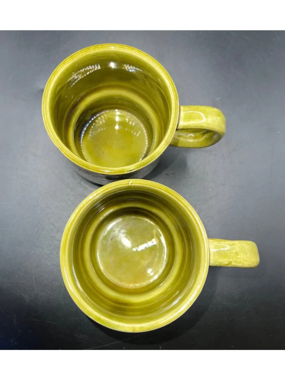 Set Of 2 Vintage Avocado Green Ceramic Stackable Mugs Floral Japan Mid Century